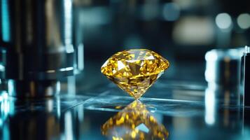 Brilliant yellow diamond resting on a reflective surface. Gemstone sparkles with facets and clear reflection. Metal components surround it in a studio setting. photo