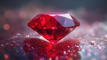 Red gemstone with facets resting on reflective surface with shimmering light. Faceted precious stone reflects red glow on textured plane. photo