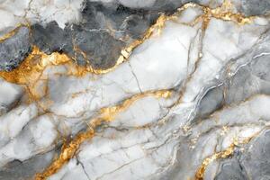 Gray white marble stone background. Gold metallic veins texture pattern. Abstract nature mineral rock surface design. Luxury elegant granite backdrop. photo