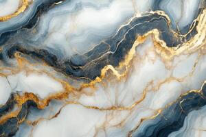 Abstract marble texture background with flowing blue gray white colors and sparkling gold veins elegant design backdrop photo