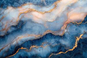 Abstract blue marble stone texture with golden veins. Light and dark shades swirling across the surface. Luxury background for design project. photo