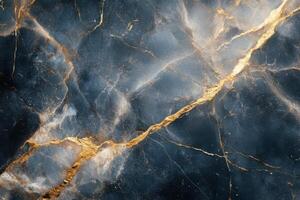 Dark blue stone background. Golden cracks run across the surface. Luxury abstract texture. Natural stone pattern with veins. Interior decoration element. photo