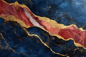 Abstract background with dark blue texture red and gold color veins. Decorative stone texture with shiny glitter. Luxury abstract art painting. photo