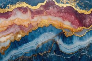 Abstract background of layered mineral with blue pink and white hues. Gold accents and marble like stone texture and natural pattern. photo