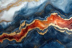 Abstract flowing pattern with blue shades and orange center. Golden glitter outlines the design, creating a luxurious texture background. photo