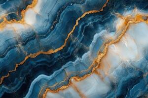 Blue marble texture with golden veins. Swirling pattern in shades of blue, white and beige. Elegant background for design projects. photo