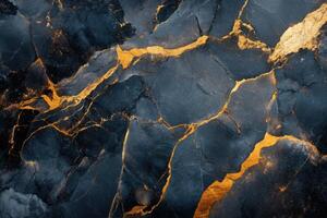 Dark stone surface texture. Gold veins run through cracked rock. A high resolution image. Beautiful abstract background. Natural stone effect with pattern. photo