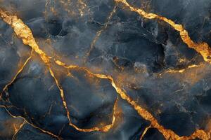 Dark blue stone texture with gold veins. Abstract mineral background with golden lines. Detailed surface of polished rock. Decorative backdrop for design. photo