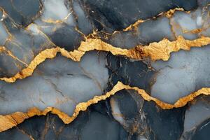 Abstract stone background with gray and dark blue surface. Golden veins going through the stone. Natural stone texture, interior design material. photo
