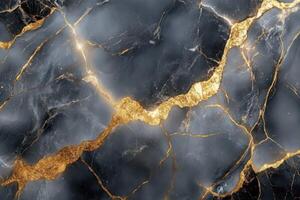 Dark gray stone background. Golden veins running through the rock. Luxurious surface design. Abstract art pattern. Decorative stone texture with bright gold. photo
