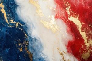 Red white blue paint swirls with gold glitter. Liquid art abstract background. Acrylic pouring with marble texture. Colorful backdrop. photo