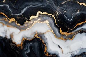 Abstract black and white stone pattern. Golden veins running through a smooth surface. Elegant marble design with fluid texture. Decorative backdrop. photo