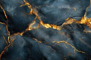 Dark blue surface with gold veins. Detailed stone texture. Elegant abstract pattern. Rich mineral background. Polished luxury material with vibrant golden streaks. photo