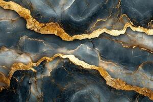 Dark blue marble texture with golden veins. Abstract stone pattern background. Elegant and luxurious surface with glittering details. Mineral material design for decoration. photo