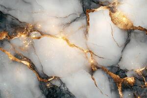 Elegant marble texture with gold veins. White and gray stone surface. Luxury background. Glittering sparkles on mineral pattern. Decorative design with abstract details. photo