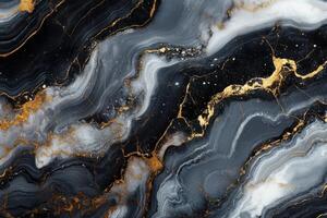 Abstract black gray white waves with gold glitter. Marble texture with golden veins. Stone fluid art background. Elegant design. photo