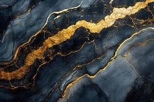 Abstract fluid art background. Dark blue texture with gold glitter. Ink marble pattern with golden veins. Luxury backdrop for design. photo