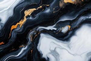 Abstract marble pattern with gold accents. Dark blue and white swirls creating a dynamic fluid background. Elegant stone texture for design projects. photo