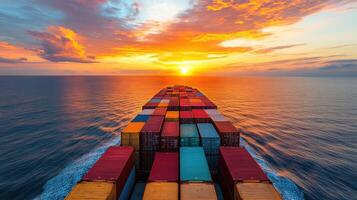 Cargo ship carrying containers sails across the ocean. A colorful sunset sky reflects on the water. Transportation of goods at sea during dawn. photo