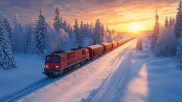 Red train engine travels along snowy tracks. Winter landscape with snow covered trees during sunset. Cargo train moves toward horizon. Scenic view. photo