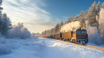 Freight train moves through a snowy landscape. Winter scene with trees covered in frost. Steam engine pulling cars. Clear blue sky with sunshine. photo