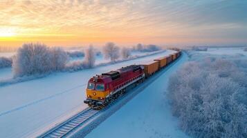 Cargo train moves along snowy tracks. Trees are covered with frost. Winter landscape with setting sun paints sky with golden light. photo