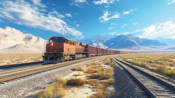 Freight train moving on tracks through a desert landscape. Blue sky with clouds and distant mountain range in the background. Sunny outdoor scene. photo