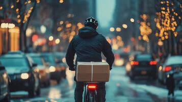 Delivery person rides bicycle with package on city street at night. Lights shine from shops and cars in the background on wet asphalt. photo