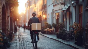 Person rides bicycle with box on narrow street. Sunset light on old buildings with cobblestone road and potted plants. photo