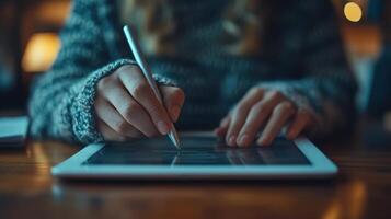 Hands using digital pen on tablet. White device on wooden desk. Close up writing or drawing. Warm light in cozy room. photo