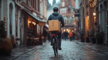 Person riding bicycle on wet cobblestone street. Box on back. Lights glow from buildings. Figures walk in background. Delivery concept. Cloudy weather. photo