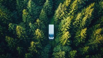 White van driving on path. Aerial view of vehicle through dense pine forest trees with sunlight shining through canopy. photo