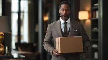 Serious person holds cardboard box. Man in suit stands in elegant room. Business professional delivers package inside. Light shines through window. photo