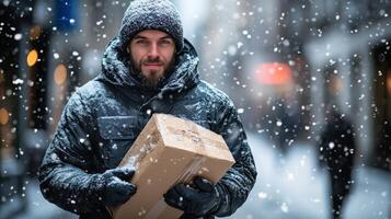 Man carries package through snowy city. Winter weather. Person smiles holding cardboard box. Delivery during snowfall. Wearing warm clothes and gloves. photo