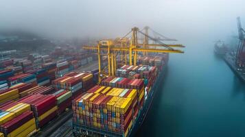 Aerial view of cargo ship loaded with colorful containers near harbor cranes in foggy weather. Distribution of goods and global commerce. Sea port terminal. photo