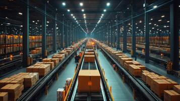 Large distribution warehouse. Cardboard boxes moving on conveyor belt. Racks of inventory in background. Lights illuminate the scene. Warehouse interior. photo
