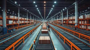 Large warehouse interior with many shelves. Cardboard boxes on shelves and conveyor belts. Workers moving boxes. Bright lighting in a big storage space. photo