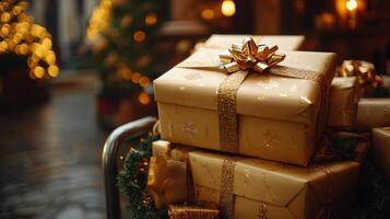 Stack of holiday presents wrapped in gold paper with gold ribbons and bows. Festive holiday lights shine in background. Christmas gifts piled high. photo