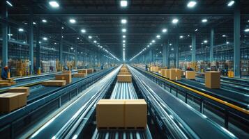Cardboard boxes move along conveyors in a bright warehouse. Automated system carries packages for distribution. Shipping and receiving in a large industrial setting. photo