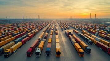 Aerial view of many cargo trucks standing in long rows at a large transportation terminal during sunset with warm light and soft clouds photo