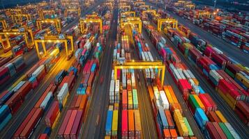 Aerial view of a shipping port with many colorful cargo containers and cranes at night. Transport and export industry at a commercial dock. photo