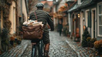 Riding bicycle on narrow street with cobblestone road. Brown leather bag filled with papers. Classic autumn atmosphere. Calm setting. photo