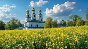 White building with golden domes stands behind a field of yellow flowers. Blue sky with fluffy white clouds on a bright day. photo