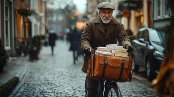 Man rides bicycle on cobblestone street. Older person in coat and hat carries a bag full of documents through town. photo