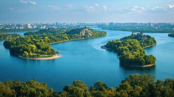 Islands covered with green trees in a wide river near a distant city skyline under a blue sky on a sunny day. photo