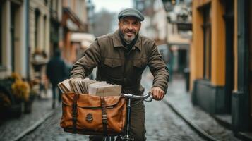 Man rides bicycle on cobblestone street. Brown leather bag full of envelopes. Building facades line pathway. Gray cap and jacket. Smiling expression. photo