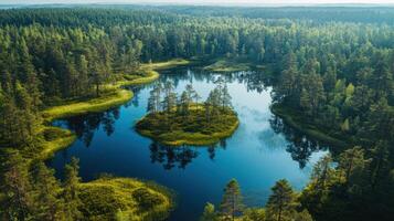 Aerial view of a dark blue lake with a small island surrounded by green forest. Trees reflect in the clear water. Beautiful nature scenery. photo