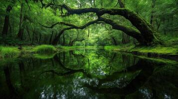 Green forest trees covered with moss reflected in dark calm water on a bright day deep in the wilderness. photo