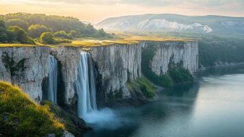 Waterfall cascades down a tall rocky cliff into a large lake. Green trees and distant mountains visible under a bright sky at daytime. photo