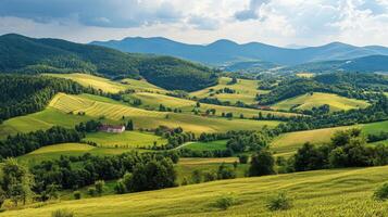 Rolling green hills landscape. Fields and trees under cloudy sky. Distant mountain range. Rural scenery with buildings on farmland. Summer nature backdrop. photo